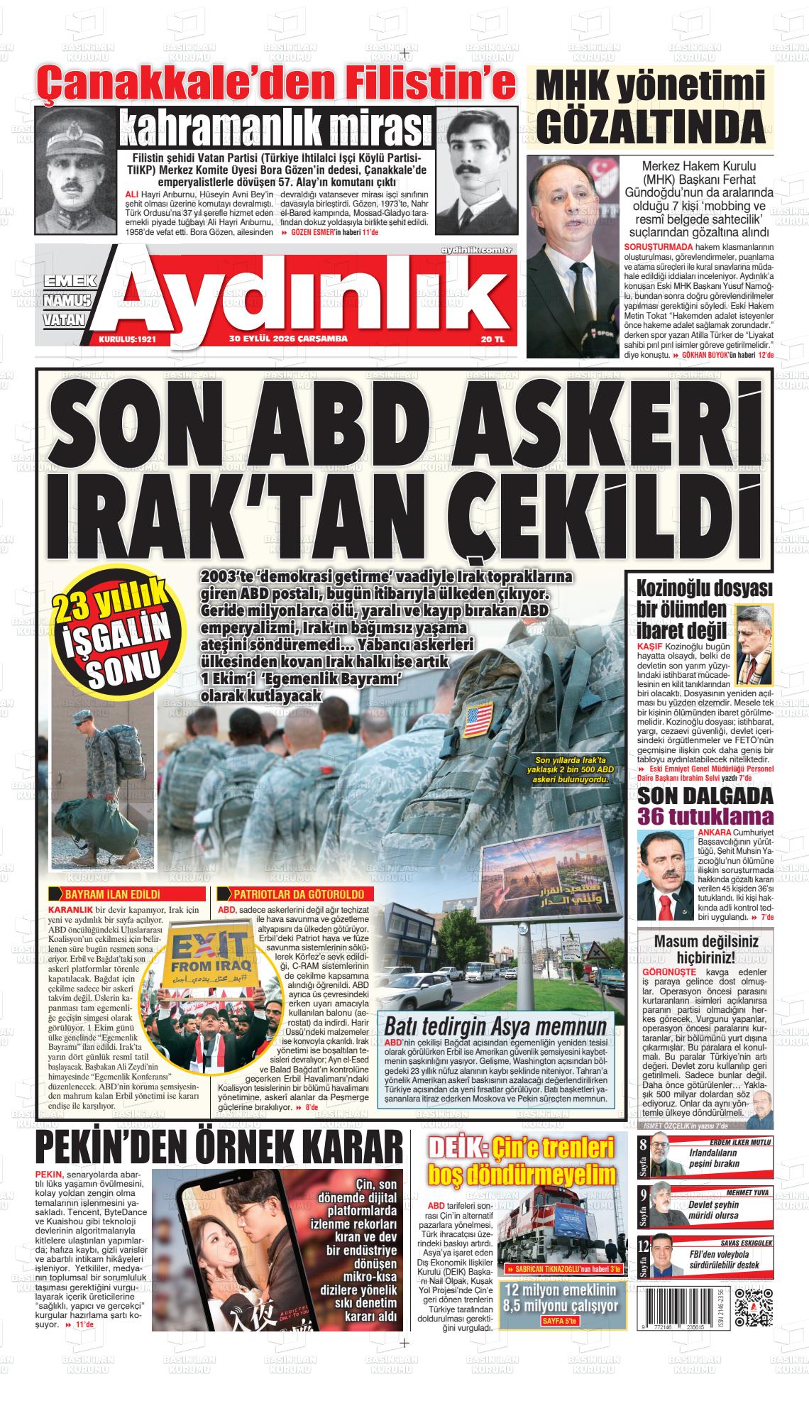 Aydınlık gazetesi ilk sayfası