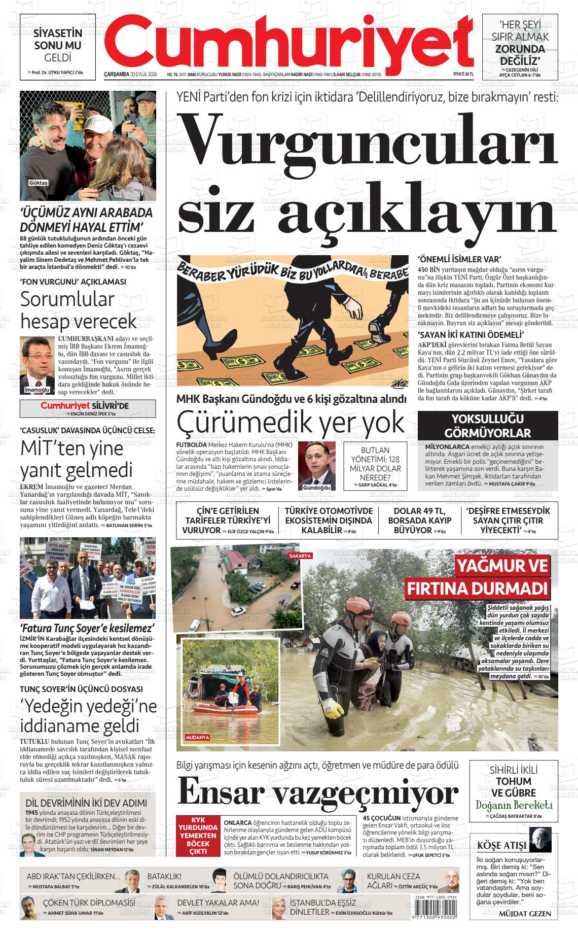 Cumhuriyet gazetesi ilk sayfası