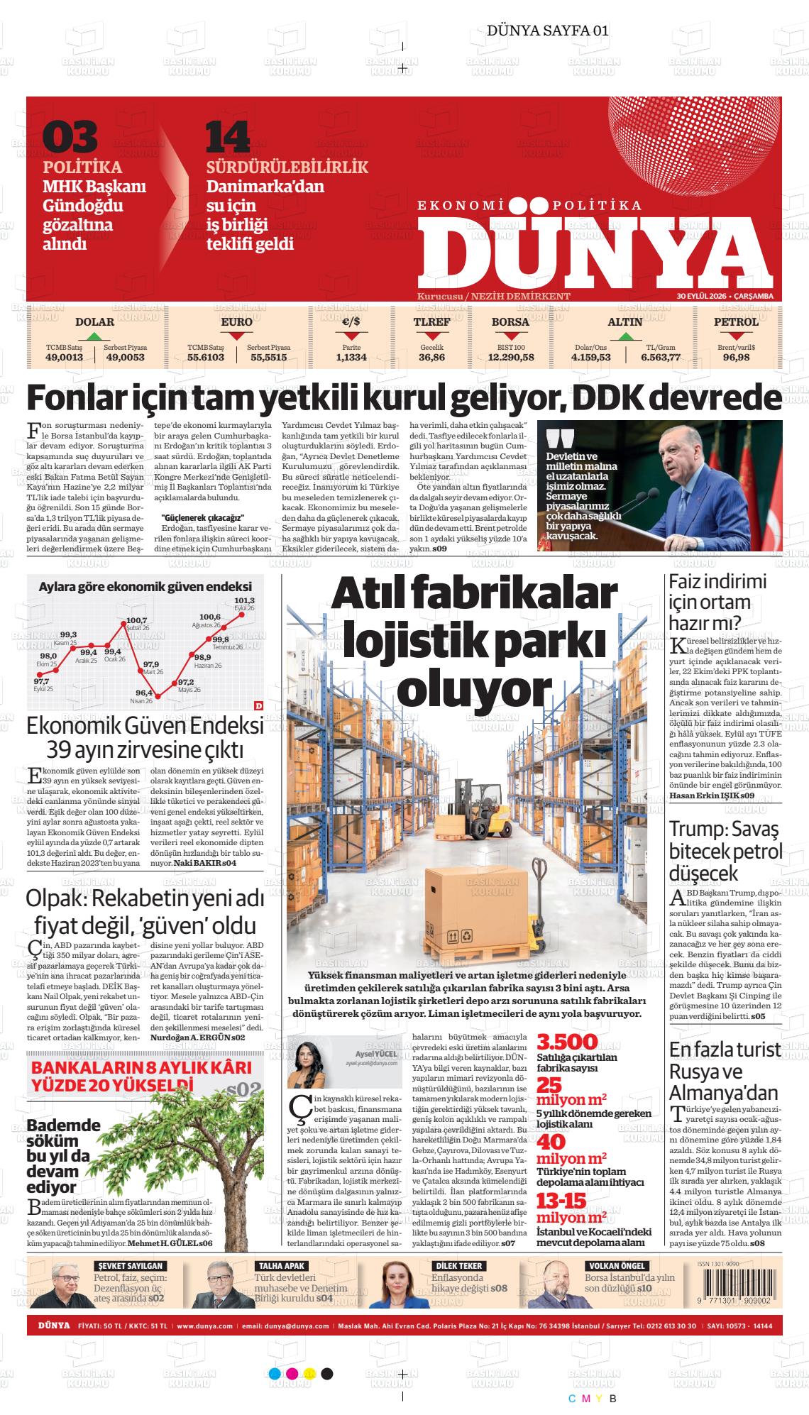 Dünya gazetesi ilk sayfası