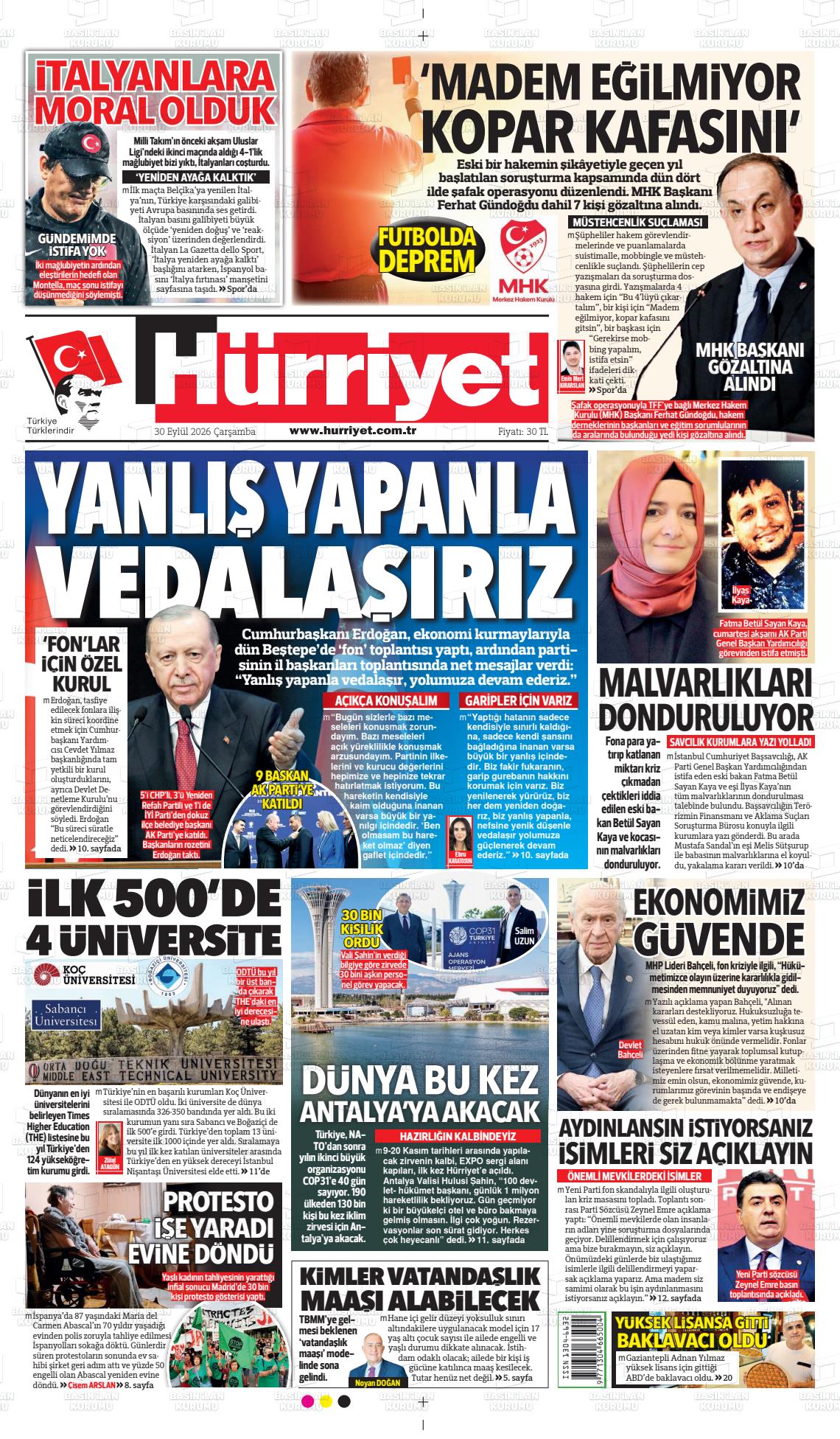 Hürriyet gazetesi ilk sayfası