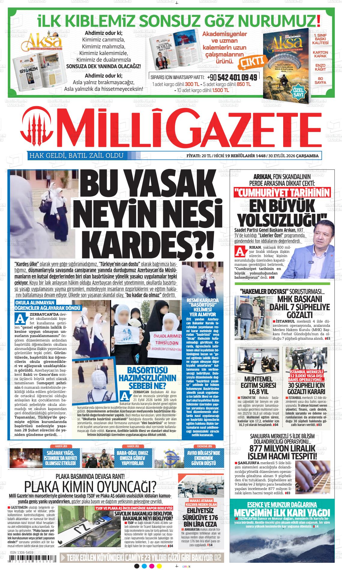 Milli Gazete gazetesi ilk sayfası
