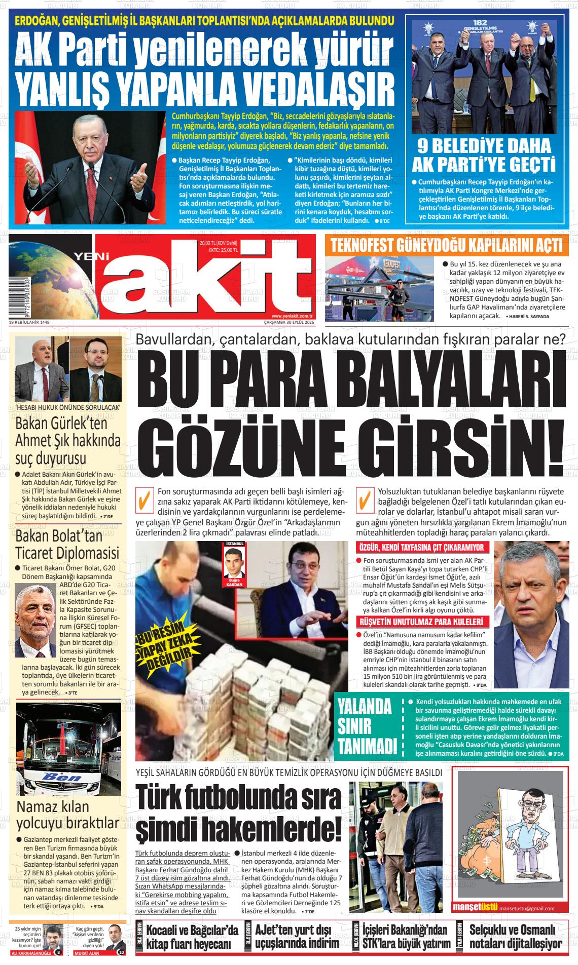 Yeni Akit gazetesi ilk sayfası