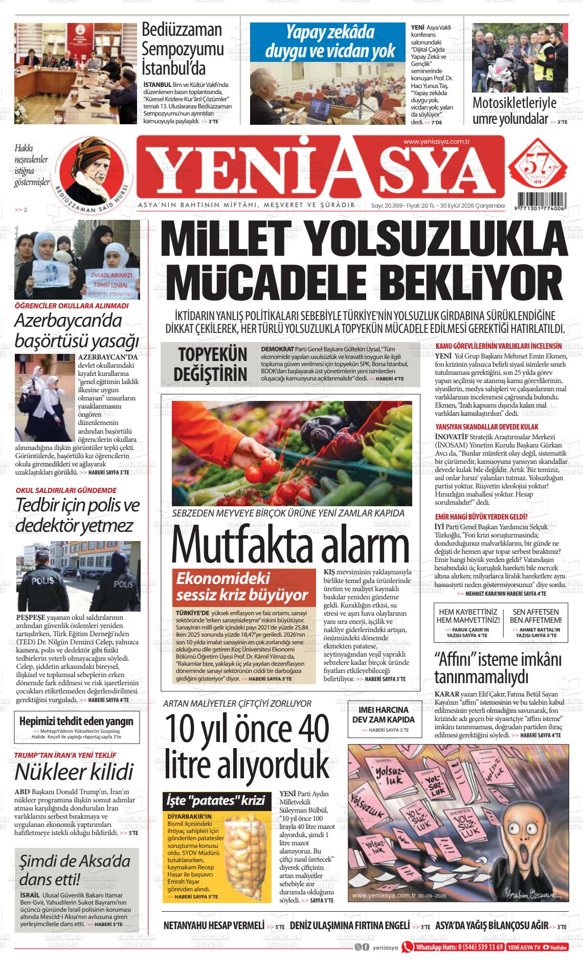 Yeni Asya gazetesi ilk sayfası