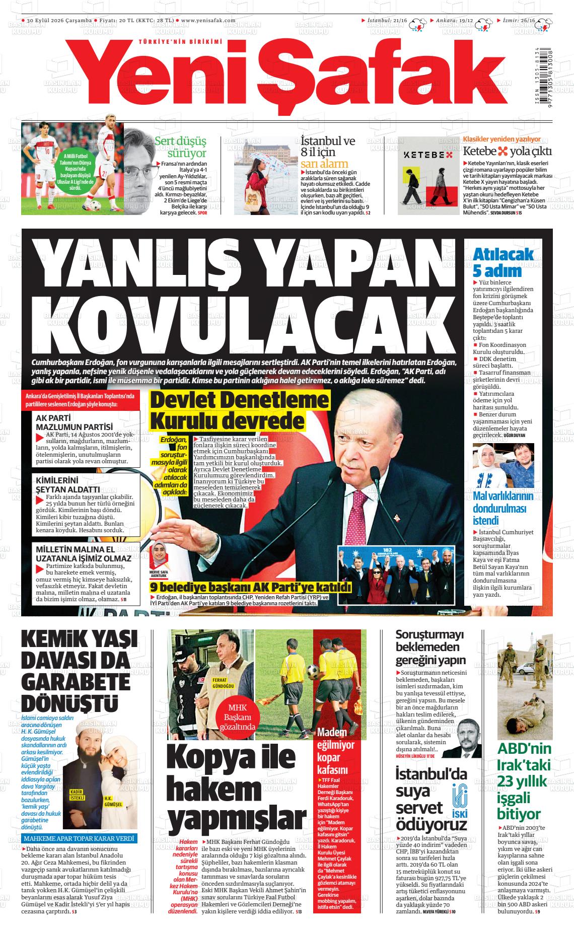 Yeni Şafak gazetesi ilk sayfası
