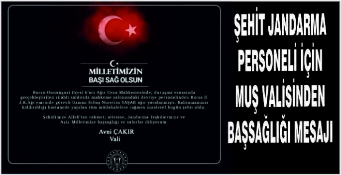 Şehit Jandarma personeli için Muş Valisinden başsağlığı mesajı