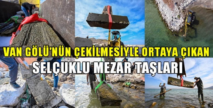 Van Gölü'nün çekilmesiyle ortaya çıkan Selçuklu mezar taşları…